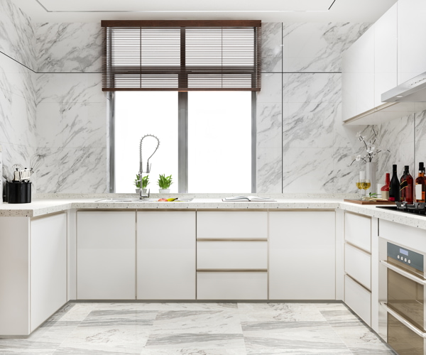 Thiết kế nội thất phòng bếp với tone trắng nhẹ nhàng