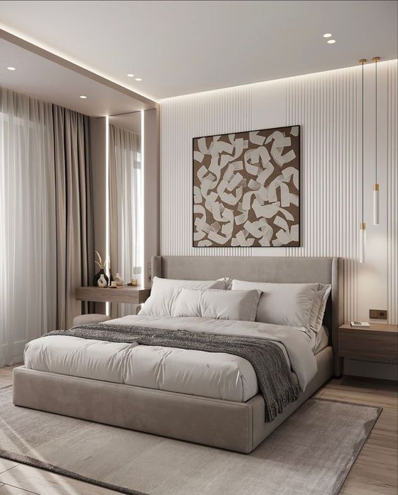 Màu trắng xám sẽ trở thành lựa chọn xuất sắc trong thiết kế phòng ngủ với gam màu trắng sáng.