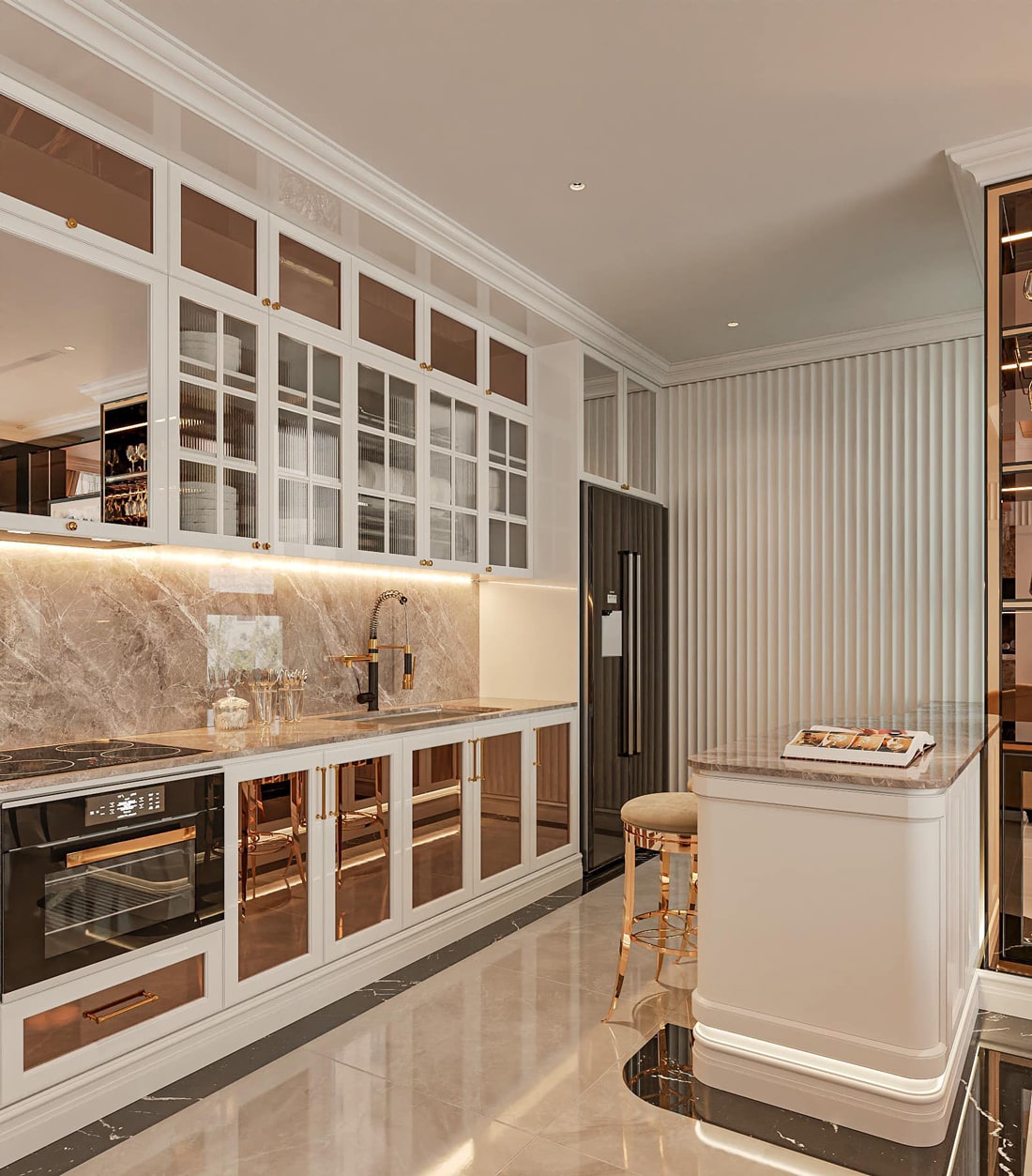 Tủ bếp được thiết kế kính trong suốt để gia chủ tìm đồ dễ dàng hơn 