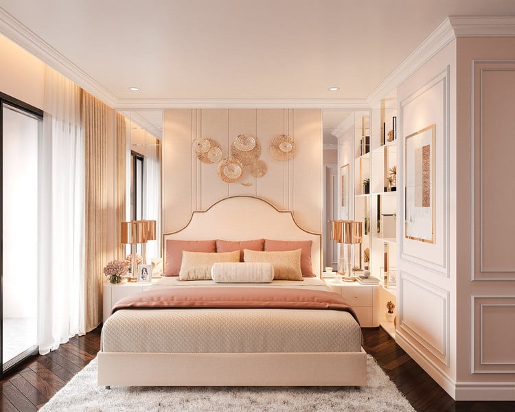 Phòng ngủ được làm theo phong cách Tân Cổ Điển nhẹ nhàng, tinh tế 