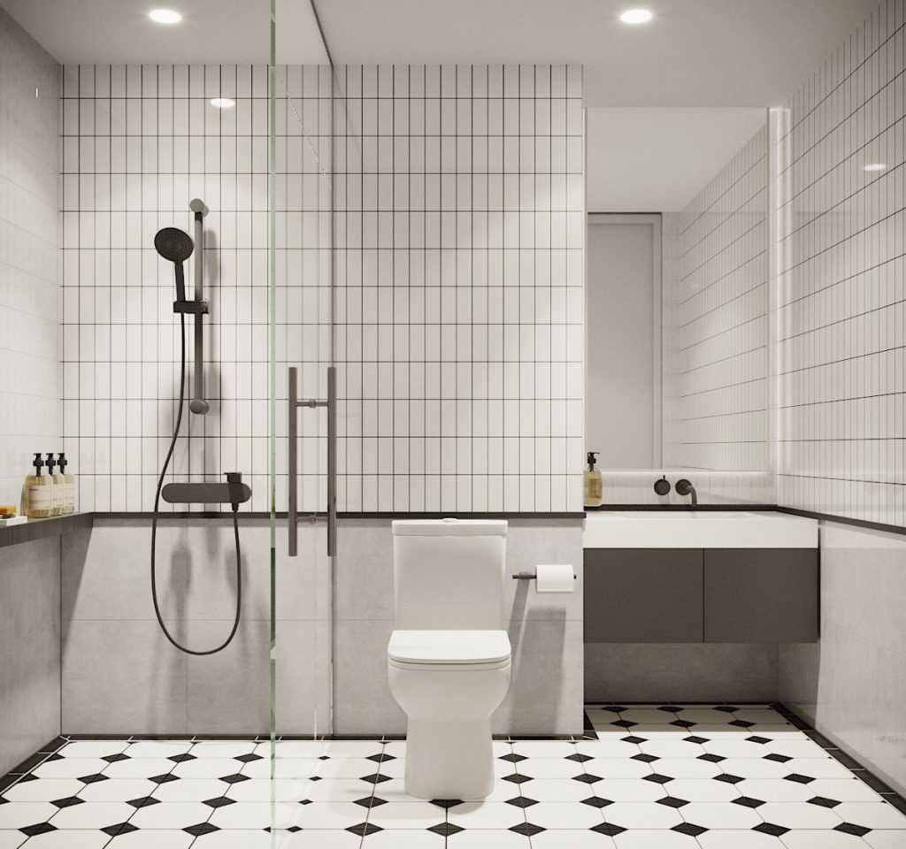 Nhà vệ sinh được thiết kế tone trắng chủ đạo nhẹ nhàng và tinh tế 