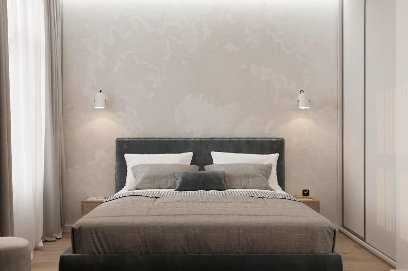 Phòng ngủ được thiết kế đơn giản với tone màu trung tính 