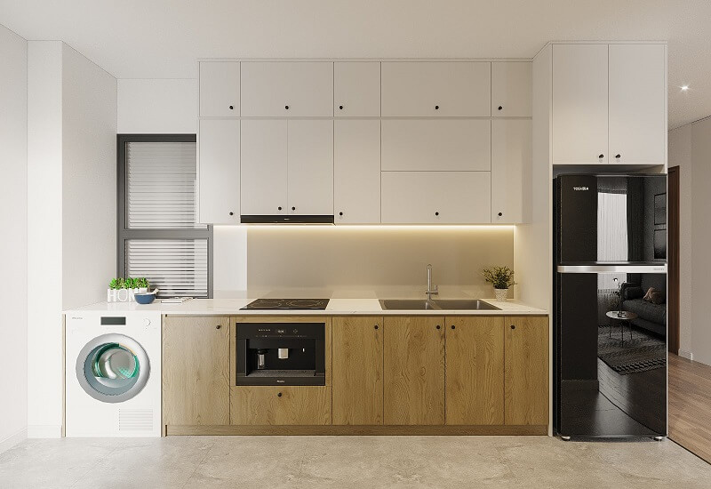 Thiết kế tủ bếp kết hợp với lò vi sóng và máy giặt tiết kiệm không gian