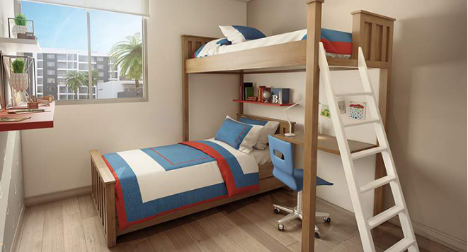 Với gia đình có 2 bé thì có thể sử dụng giường tầng tiết kiệm diện tích 