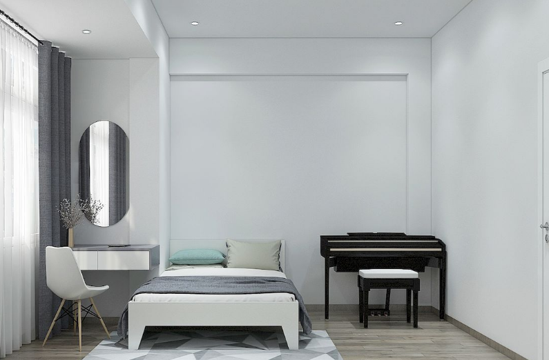 Phòng ngủ được thiết kế đơn giản, ánh sáng nhẹ nhàng 