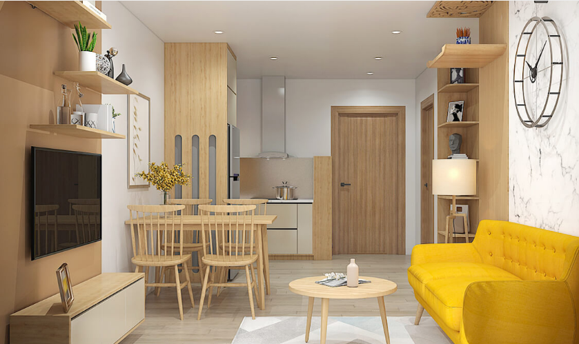Mẫu 1:Thiết kế nội thất chung cư 63m2 phong cách Bắc Âu