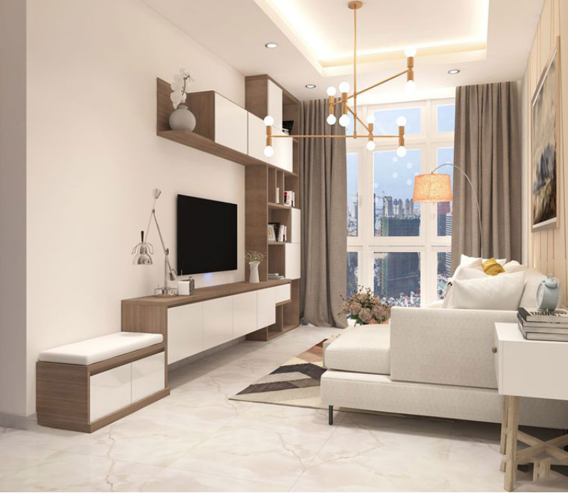 Thiết kế nội thất chung 64m2 phòng khách với các tủ gỗ tiện lợi