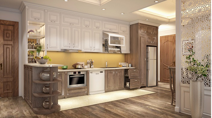Thiết kế tủ bếp với gỗ công nghiệp cao cấp, làm nổi bật không gian