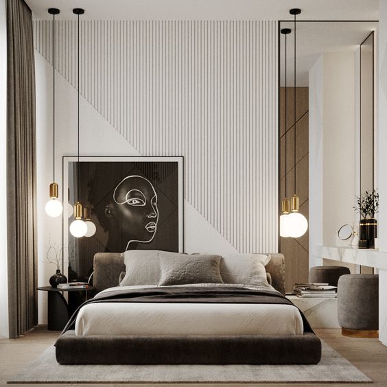 Phòng ngủ được thiết kế đơn giản với họa tiết tạo điểm nhấn