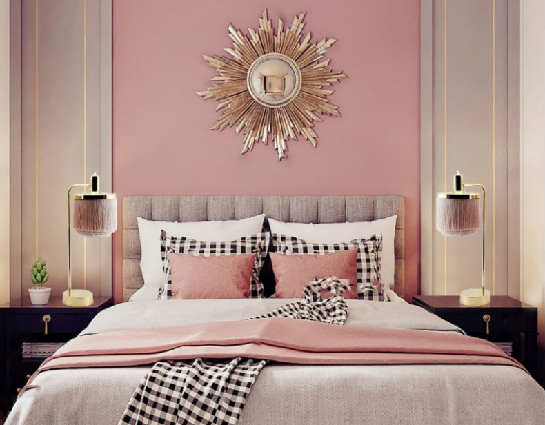 Phòng ngủ được thiết kế với gam màu sáng với những phụ kiện ánh kím 